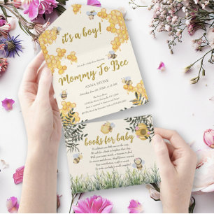 Boy Mummy to Bee Cute Honeycomb Baby Shower All In One Invitation