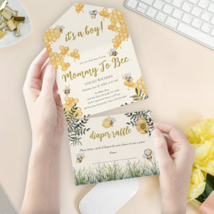Boy Mummy to Bee Cute Watercolor Boho Baby Shower All In One Invitation