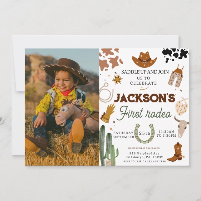 Boy My First Rodeo photo Cowboy 1st Birthday Invitation (Front)