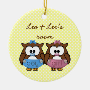 boy 'n girl baby owl ceramic tree decoration
