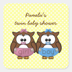 boy 'n girl baby owl square sticker