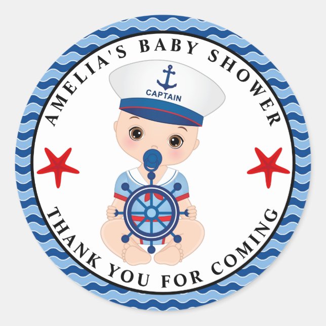 Boy Nautical Baby Shower Classic Round Sticker (Front)