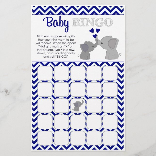 Boy Navy Elephant Baby Shower BINGO Game Chev 366 Flyer (Front)