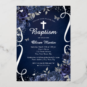 Boy Navy Silver Floral Butterfly Baptism 