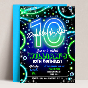 Boy Neon 10th Birthday Invitation Double Digits