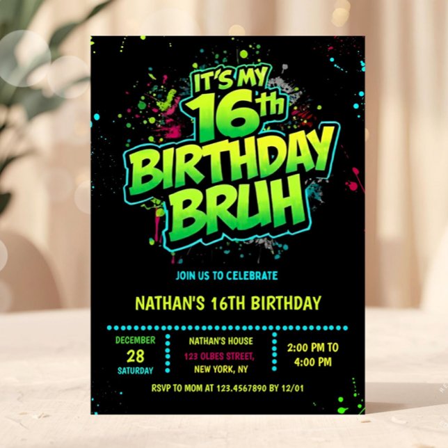 Boy Neon 16th Birthday Invitation Graffiti Style (neon 16th birthday invitation, sixteen birthday invitation, editable 16th birthday invitation, neon )