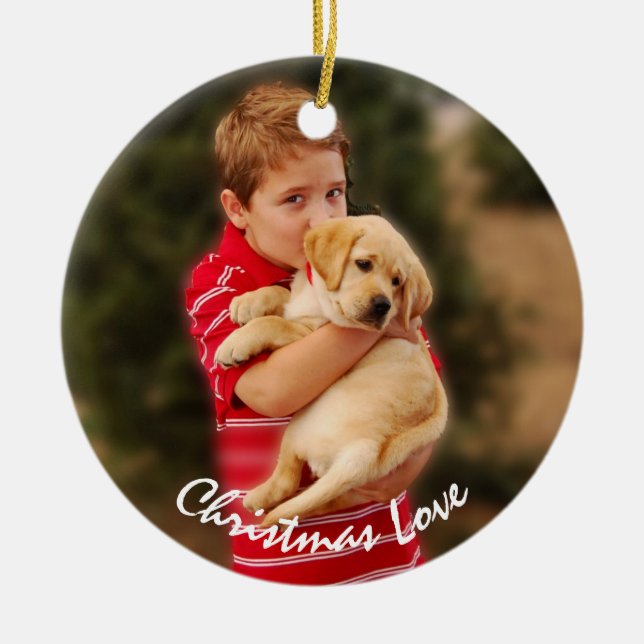 Boy & New Puppy for Christmas Ceramic Tree Decoration (Front)