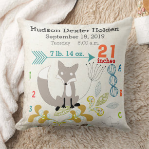 Boy Nursery Baby Birth Stat Fox Arrow Pattern Cushion