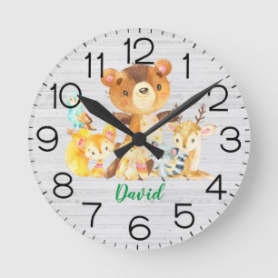 Boy Nursery Woodland Forest Animals Rustic Cute Round Clock