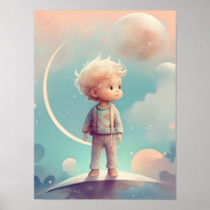 Boy Nursey Poster Little boy sleep moon night time