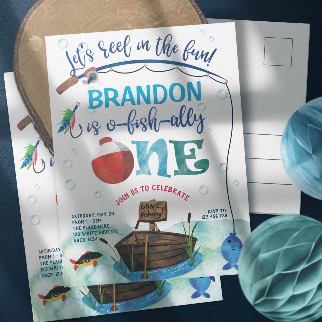 Boy, O-fish-ally, Fishing themed First Postcard (Gone fishing themed, o fish ally, boy 1st birthday invites. Little Fisherman birthday invitations.)