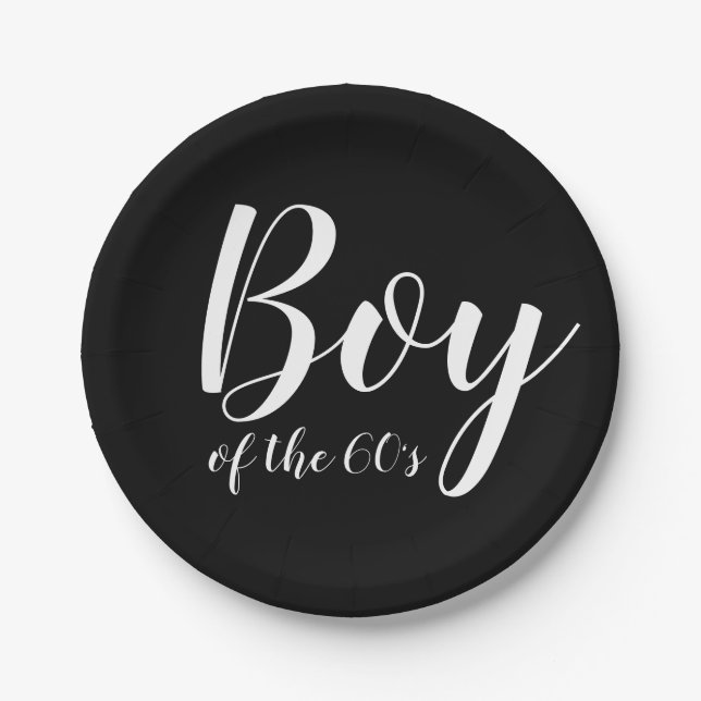 Boy of the Sixties 1960s Typography Black White Paper Plate (Front)