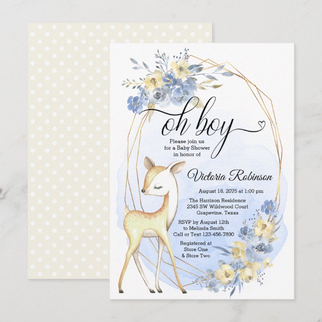 Boy Oh Boy Deer Baby Blue Beige Baby Shower Invitation (Front/Back)