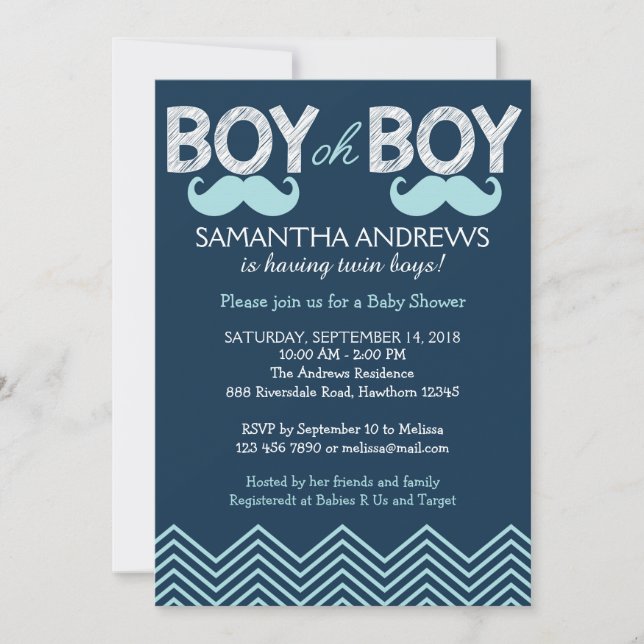 Boy Oh Boy Invitation, Twins Baby Shower Invite (Front)