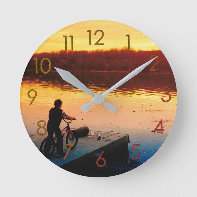 Boy on Bicycle at Sunset Wall Clock (Front)