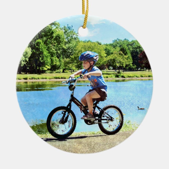 Boy on His Bicycle Ceramic Tree Decoration (Front)