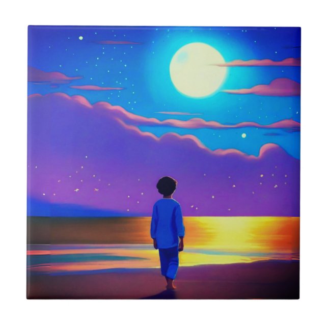 Boy on the Beach, Gazing at the Moon Tile (Front)