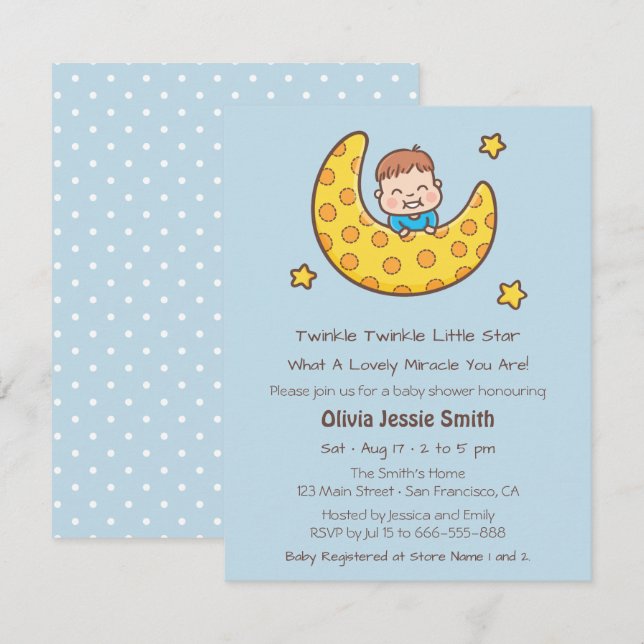 Boy on the Moon Twinkle Little Star Baby Shower Invitation (Front/Back)
