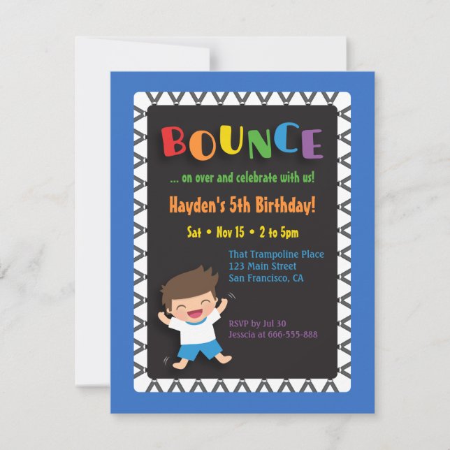 Boy on Trampoline Kids Birthday Party Invitations (Front)