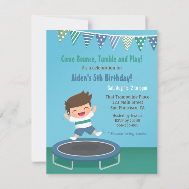Boy on Trampoline Kids Birthday Party Invitations (Front)