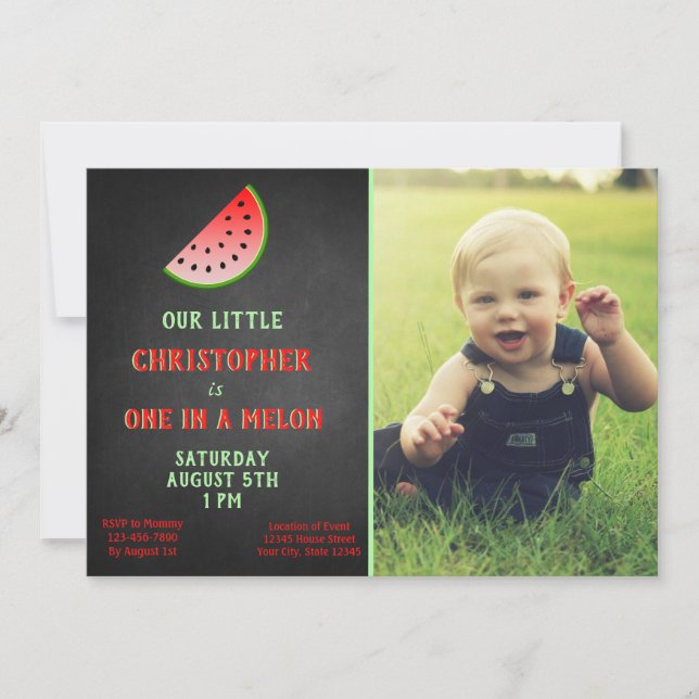 Boy One In A Melon 1st Birthday Green Invitation (Front)