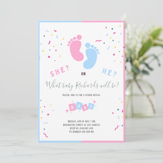 Boy or Girl Baby feet Gender Reveal Invitation (Standing Front)