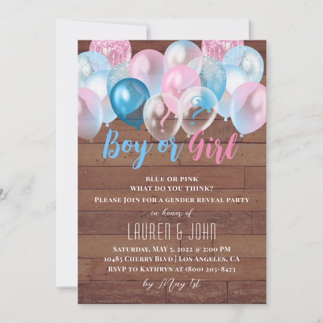 Boy or Girl Balloon Gender Reveal Invitation (Front)