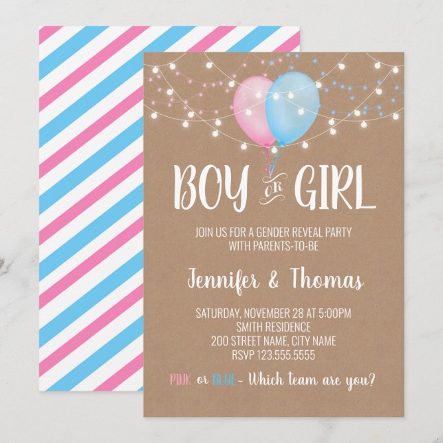 Boy or Girl Balloons Gender Reveal Invitation (Front/Back)