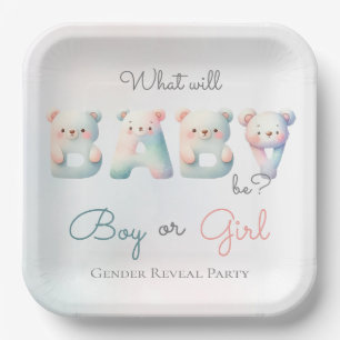Boy or Girl Bear Colourful Gender Reveal Party Paper Plate
