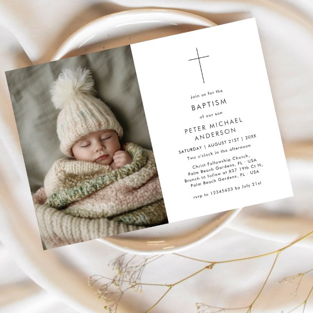 Boy or Girl Black White Baptism Christening Photo Invitation (Creator Uploaded)