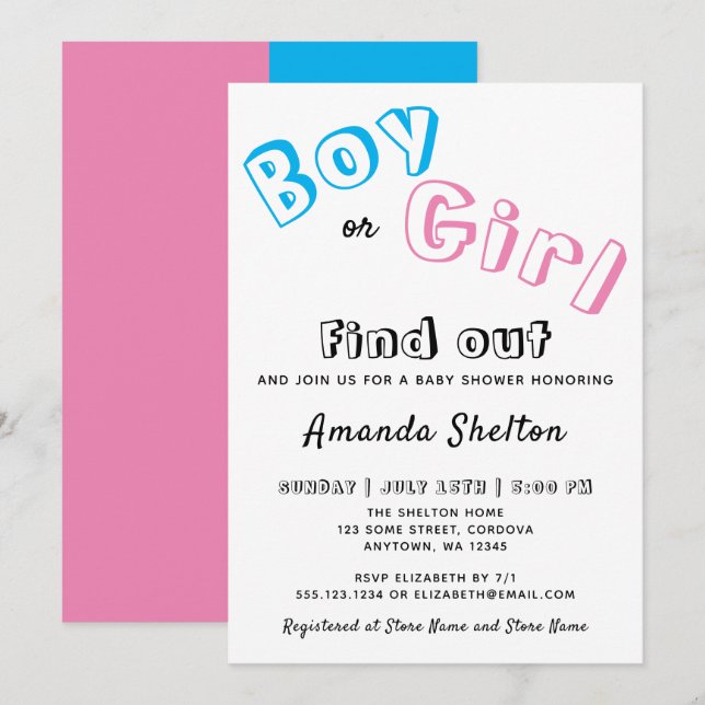Boy or Girl Blue Pink Gender Reveal Baby Shower Invitation (Front/Back)