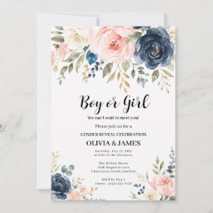 Boy or Girl Blush Pink Navy Floral Gender Reveal Invitation