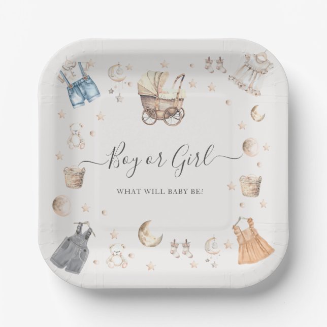 Boy or Girl Boho Nursery Baby Crib Gender Reveal Paper Plate (Front)