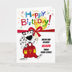 Boy or Girl Cute Cartoon Cat 7th Birthday Card