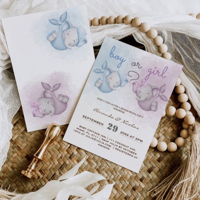 Boy or Girl elephant pink blue gender reveal  Invitation (Creator Uploaded)