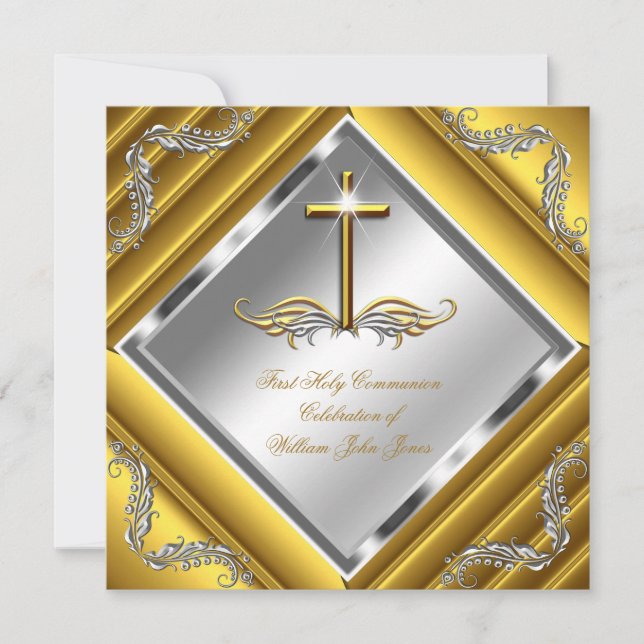 Boy or Girl First Holy Communion Gold Silver 3 Invitation (Front)
