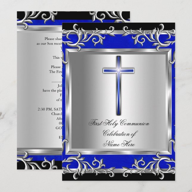 Boy or Girl First Holy Communion Silver Blue Invitation (Front/Back)