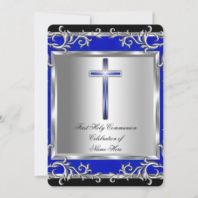 Boy or Girl First Holy Communion Silver Blue Invitation (Front)