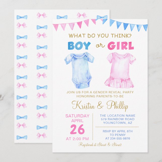 Boy or Girl Gender Reveal Pink Blue Baby shower Invitation (Front/Back)