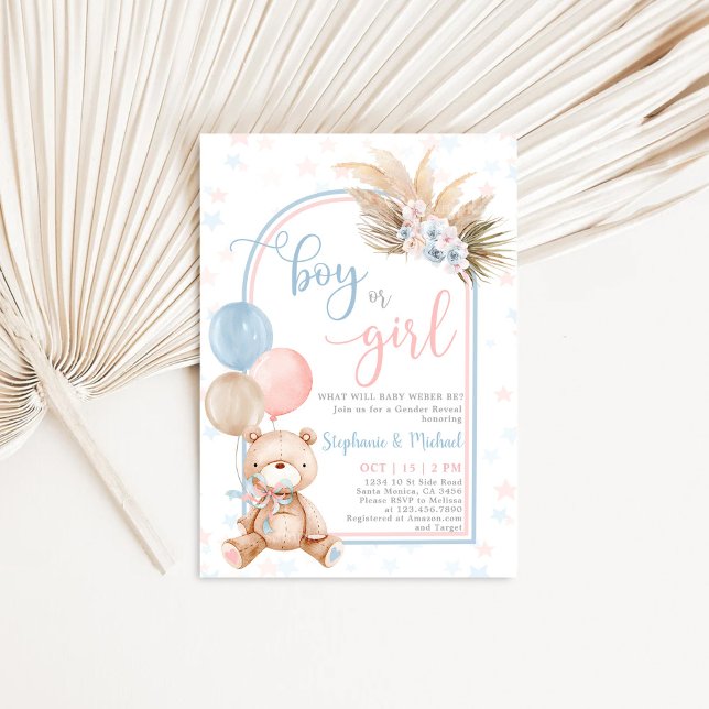 Boy or Girl Gender Reveal Teddy Bear Balloon Invitation (Creator Uploaded)