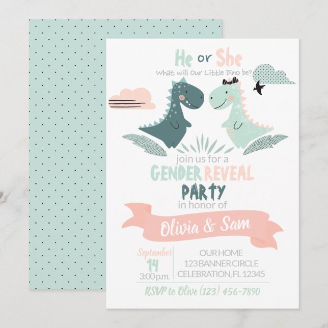 Boy or Girl Gender Reveal Watercolor Dinosaur Invitation (Front/Back)