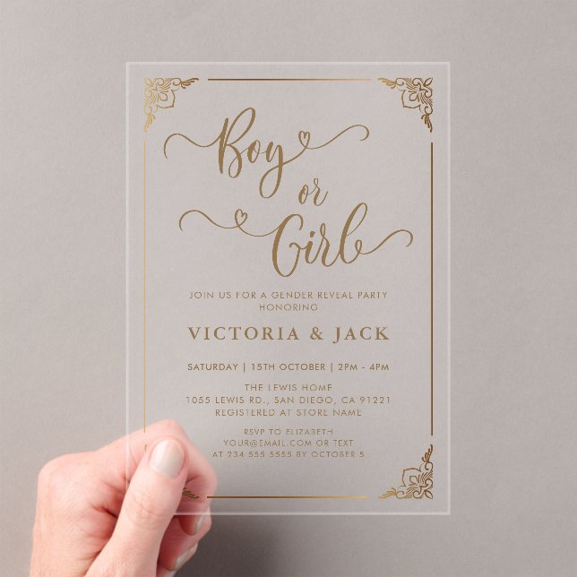 Boy or Girl Luxury Gold Ornate Baby Gender Reveal Acrylic Invitations (Insitu (Handheld))