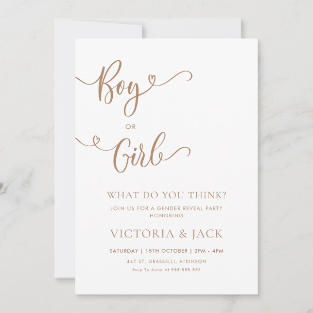 Boy or Girl Minimalist Beige Gender Reveal Party Invitation (Front)