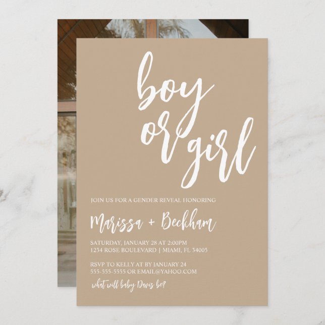 Boy or Girl Neutral Tan Gender Reveal Invitation (Front/Back)