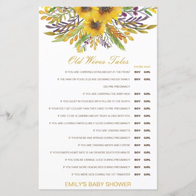 Boy or Girl Old Wives Tale Baby Shower with Answer (Front)