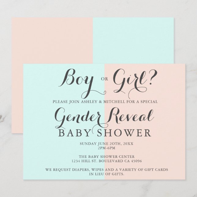 Boy or girl pink blue baby shower gender reveal invitation (Front/Back)