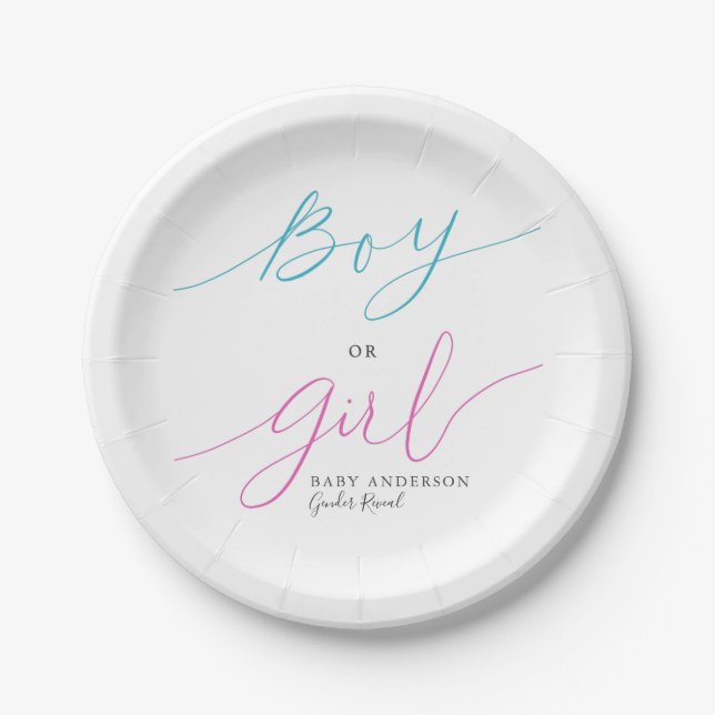 Boy or Girl Pink Blue Script Gender Reveal Party Paper Plate (Front)