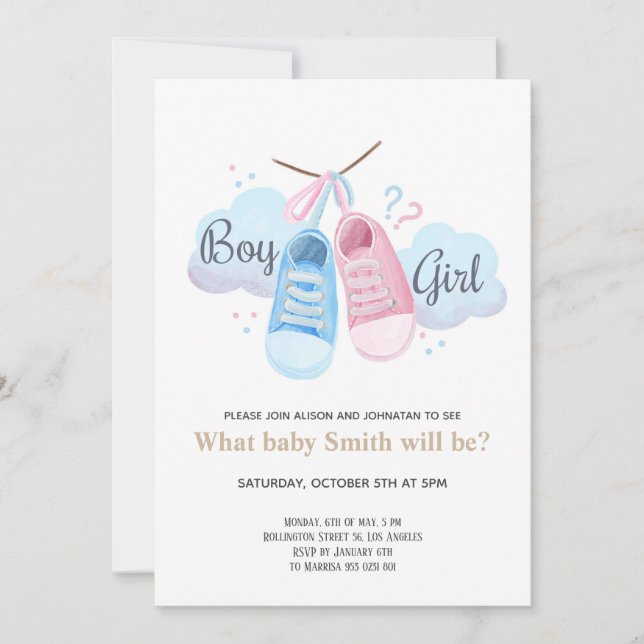 Boy or Girl Pink Blue Sneakers Gender Reveal Invitation (Front)