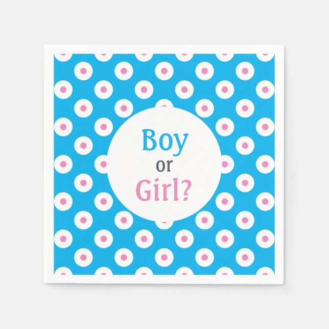 Boy or Girl? Pink on Blue Polka-Dot Gender Reveal Napkin (Front)
