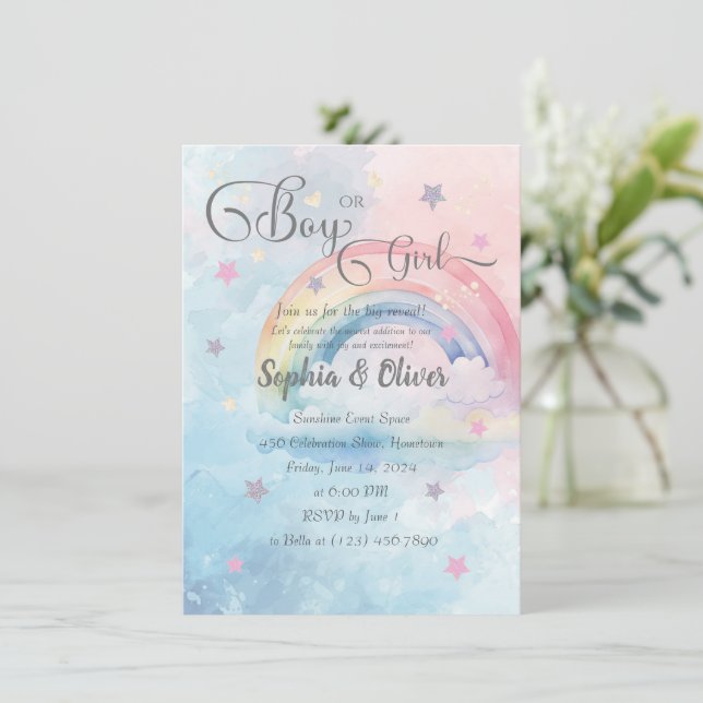 Boy Or Girl Rainbow Watercolor Reveal Invitation (Standing Front)